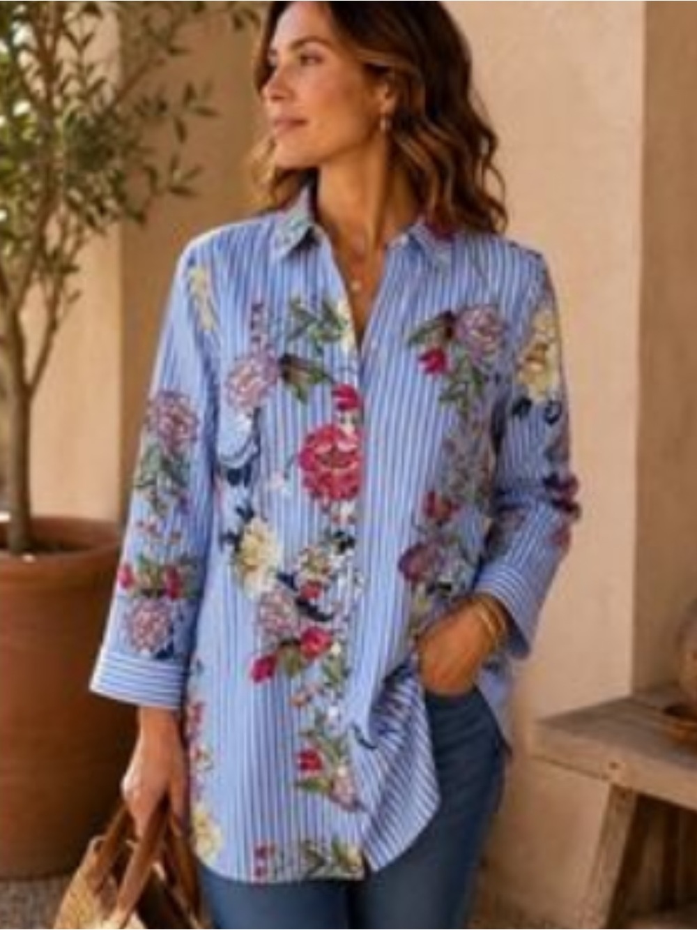 Chico’s Women’s No Iron Blue Stripe Floral Button Up Tunic Top size:0